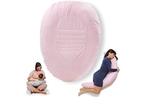 Niimo Niivetto Almohada Embarazada Dormir y Cojin Lactancia Bebe XXL Funda 100% Algodon Desenfundable Lavable Relleno de Fibra Hueca de Poliester Siliconado by (Rosa - Lunares Blancos)