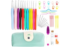 Norjews Crochet Hook Set Colorful Ergonomic Soft Rubber Comfort Grip Crochet Knitting Needles Kit Household Tool with Portable Bag - 44 Pack (Green)