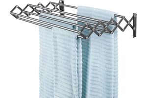 ‎MDESIGN mDesign Wäscheständer aus Metall – ausziehbare Wäscheleine mit 8 Stangen für den Waschraum – platzsparender Akkordeon Trockenständer zur Wandmontage – dunkelgrau