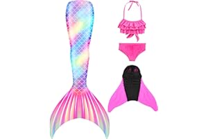 Pyjacos meerjungfrauenflosse mädchen Badeanzug - Meerjungfrau Flosse Bademode mit Bikini Set und Monoflosse Mermaid Tail, 4 Stück Set