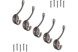 EDUWURXS Heavy-Duty Cast Iron Coat Hooks Pack of 5 Wall-Mounted Hooks for Hanging Clothes Towels Coats, Rustic Vintage Design in Antique Iron Finish for Hallways, Bedrooms, Bathrooms, and Entryways