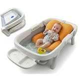 VITAUJ Foldable Baby Bathtub 0-36 Months with Non-Slip Cushion, Wireless Thermometer and Toy | Large, Safe and Compact