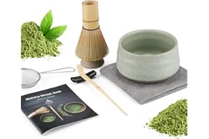 ADMYGO Set 7 Pezzi Matcha, Frusta Matcha, Set da tè Macha con Cucchiaio, Porta Frusta, Matcha Whisk, Paletta, Colino, Accessori Matcha Cerimonia del tè Tradizionale Giapponese Miglior Regalo, Verde rete