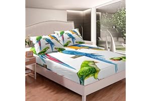 TBRAND Birds Bed Sheets Parrot Bed Sheet Set for Kids Boys Girls Colorful Animal Bedding Set Green Blue Fitted Sheet Decor Bedroom Collection 3Pcs Double Size