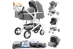 YAZOCO carrito bebe 3 en 1, Cochecito de Bebé Combinado Compacto Todoterreno Lujoso Paisaje Alto Cuatro Veces 0-36 Kg Sillas de paseo BastóN Plegable Accesorios CóModos (2 Gris)