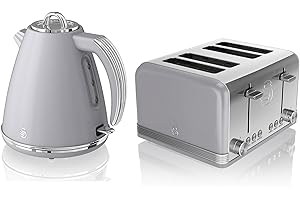 Swan Retro Kitchen Set, 1.5L Fast Boil Kettle & 4 Slice Toaster, Grey, SK19020GRN, ST19020GRN