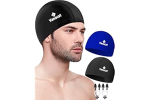 Vanocat 2 Stück Lycra Badekappen Damen Herren, Schwimmkappe Lange/Kurze Haare Hohe Elastizität Spandex-Stoff, Bequeme Badekappen mit Ohrstöpseln und Nasenclip