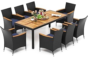 COSTWAY 5/9 Piece Patio Rattan Dining Set, Wicker Garden Table and Chairs Set with Umbrella Hole, Acacia Wood Tabletop & Cushions, Outdoor Dining Furniture Conservatory Set (Brown+Navy Blue, 9 PCS)