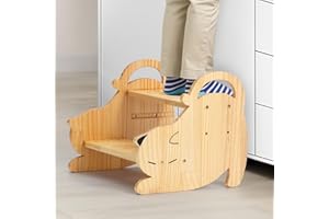 COSYLAND Toddlers Step Stool with Handle - Height Adjustable Wooden Nursery Stool for Toilet Potty Training, Bathroom, Kitchen, Stable & Non-slip (Cat Shaped)