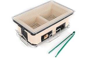 ADIMA Barbecue Japonais Rectangulaire Gril En Céramique Au Charbon De Bois Hibachi Réchaud De Table Yakiniku Cuiseur À Charbon Avec Food Tong Pour L'extérieur Intérieur Camping (Beige)