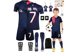 Ainvliya Ensemble de Maillot de football pour Enfants, N° 7/N° 10 Maillot de Football Garçons Survêtement T-shirt Short Chaussettes Protège-Genoux Porte-clés Tatouages Temporaires Maillot de Football