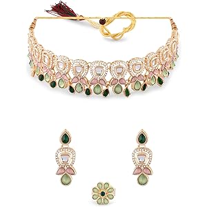 ZAVERI PEARLS Green Pink Stones Austrian Diamonds Embellished Choker Necklace Earring & Ring Set For Women-ZPFK17672