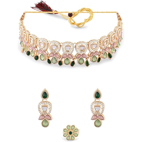 ZAVERI PEARLS Green Pink Stones Austrian Diamonds Embellished Choker Necklace Earring & Ring Set For Women-ZPFK17672