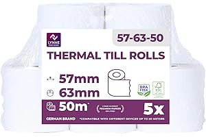 LYNNE PAYMENT SOLUTIONS Lot de 5 rouleaux de papier thermique 57 mm x 50 m x 12 mm pour caisse enregistreuse avec imprimante de tickets - Papier thermique sans BPA (57-58 x 63 x 12)