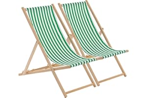 Harbour Housewares Folding Wooden Deck Chairs – Green Stripe – Pack of 2 – Adults Traditional Foldable Reclining Outdoor Canvas Sun Lounger Chair Seat for Garden Patio, Beach, Camping