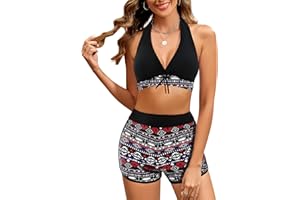Tuopuda Maillot de Bain Femme 2 Pieces Col V Bikini Set Ensembles Deux Pièces Haut de Maillot de Bain avec Shorty de Bain Taille Haute Imprimé Beachwear
