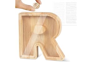 LEcylankEr Tirelire Personnalisée pour Enfants avec Lettres de A à Z en Bois Transparente - Décoration Créative - Cadeaux pour Anniversaire, Noël, Thanksgiving (R)
