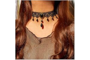 Dervivea Gothic Spitze Choker Halskette Schwarze Spitze Edelstein Halskette Vintage Schwarz Kristall Anhänger Halskette Halloween Party Custume Halskette Schmuck Für Frauen Und Mädchen(A)