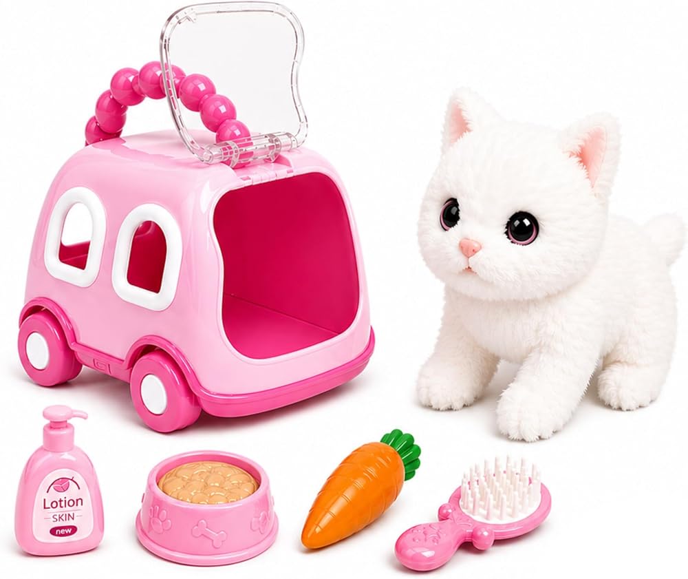 Oyuncak Sesli Işıklı Yürüyen Hareketli Köpek Kedi Tavşan Taşıma Çantalı Aksesuarlı Set Taşınabilir Çanta Emekleme Oyuncağı Aksesuarlı Çocuklar İçin Eğitici Hayvan Sevgisi (Pembe-Kedi)