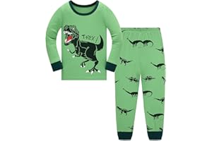 LANGUBABY Pijamas Niño Dinosaurio Algodon Ropa de Dormir Manga Larga Conjunto Pijamas Dos Piezas para Niños 1-12 Años