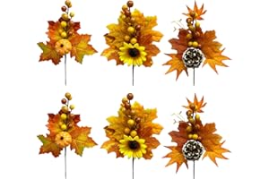 DWTECH 6 Pcs Artificial Fall Maple Leaves Branches Decoration with Artificial Pumpkins Pinecone Cuttings Sunflower Berry Accessories for Thanksgiving Home Kitchen Festival Autumns Table Centerpieces