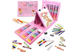 Fouvin Juego de pintura para niños, 208 piezas, juego de lápices de colores de lujo, maletín de pintura portátil para niños principiantes, estuche de dibujo con ceras, colores pastel al óleo, lápices