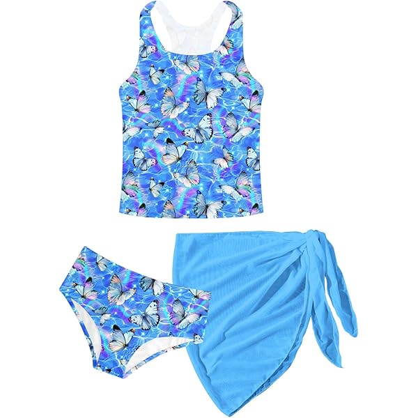 AIDEAONE Badpak voor meisjes, driedelige tankini, zomer, mooi, sneldrogend, schattige badmode voor kinderen van 6-12 jaar, Kleurrijke vlinder, 11-12 Jaar