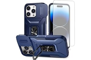 Wanyuexes Hülle für iPhone 14 Pro Case, Schutzhülle mit Schutzfolie, Kameraschutz Kartenschlitz, 360° Metall Ring Ständer Stoßfest Handyhülle für iPhone 14 Pro Blau
