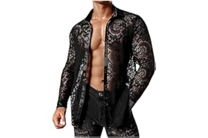 Duohropke Camicia a maniche lunghe da uomo, trasparente, in rete, con bottoni, sexy, erotica