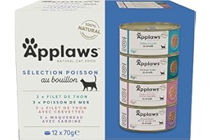 Applaws 100% Naturel Assortiment de nourriture humide pour chats adultes à base de poisson en bouillon - 12 boîtes de 70g