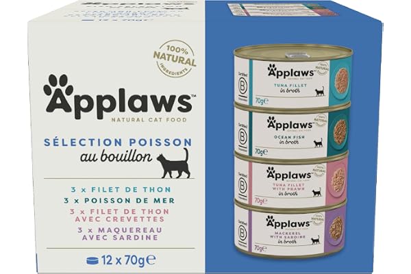 Applaws 100% Naturel Assortiment de nourriture humide pour chats adultes à base de poisson en bouillon - 12 boîtes de 70g