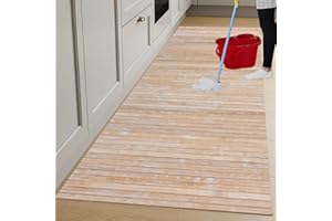 parpyon® Tappeto cucina Antiscivolo Lavabile BAMBOO passatoia al metro tappeto multiuso Finitura decapata shabby Chic tappeti bagno in legno resistente (BEIGE, 200 CM)
