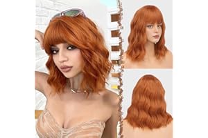 ‎FESHFEN FESHFEN Wellig Bob Perücke mit Pony - 35cm Dunkel Orange Wellen Schulterlänge Perücken für Damen Frauen Synthetik Kunsthaar Haarperücke für Alltag Karneval Fasching