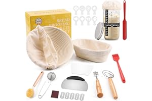 Clheatky Cestino Pane Lievitazione 12-pezzi, Set Lievitazione Pane Rattan 25cm Ovale & 23cm Rotondo, Kit Completo di Lievito Madre, Grande Regalo per Principianti, Panettiere Esperto