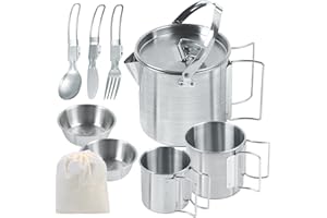BILIPLE Camping Kochgeschirr 1L Camping Topf Edelstahl Tasse Outdoor Kochtopf mit Deckel und klappbarem Griff Camping Geschir für Camping Wandern Angeln Picknick
