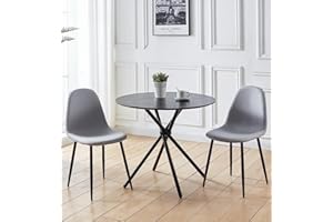Hallowood Furniture Cullompton Black Dining Table and Chair Set 2, Wooden Effect Top Round Table, Small Kitchen Table & Grey Fabric Chairs with Black Metal Legs, Dining Room Sets