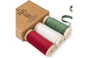 Vitalizart Cinta de Terciopelo Rojo & Verde & Blanco 0,95 cm x 13,7 m con Carrete de Madera, Cinta de Tela 3 Rollos x 4,57 m para Adornos Navideños, Manualidades & Coronas de Regalo
