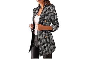 BUDAOWENG Blazer Femme Chic Et Elegant Veste à Carreaux Femme Grande Taille Veste Femme Automne Hiver Blouson Fleuri Revers Manteaux Femmes Longs Demi-Saison Caban Long Outwear Coat Veste De Costume