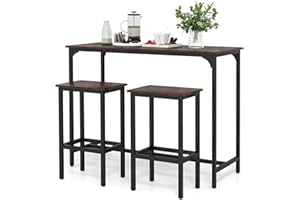 GiantexUK 3PCS Bar Table Set, Metal Frame Breakfast Bar Set with Spacious Tabletop, H-Shaped Structure & Footrests, Industrial Counter Height Table and Stools for Dining Living Room (Coffee+Black)