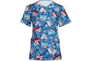 FTRGHNY Christmas Scrubs Tops Nurse Womens Nursing Uniforms Beauty Tunics Christmas Tree Santa Snowman Cute Printed V Neck Salons Wrap Mock Christmas Work Tops Health Care Uniform