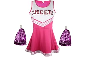 Cherry-on-Top Cheerleader Costume Women Fancy Dress Uniform High School Cheerleader Outfit with Pom Poms Pink, Ladies XXL