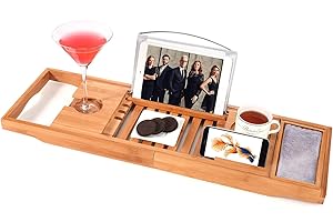 Utoplike Bathtub Caddy Tray Bamboo Tub Tray with Sliding Towel Holder Bath Table with Book Holder, Phone Stand and Adjustable Book Reading Rack, Tablet Slots