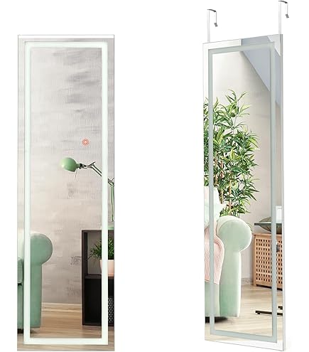 Miroir Mural LED 120x37 Cm Avec éclairage Réglable - Miroir Plein Longueur Sans Cadre, Blanc - Pour Porte, Mur, Angle Réglable