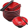 Mimorou 24 Pcs 8 Sets Chinese Japanese Style Ramen Bowls for Udon Noodle Pho Soba,Red and Black Asian Soup Bowls and Spoons Chopsticks for Kitchen Restaurant Cuisine Rice Thai Miso
