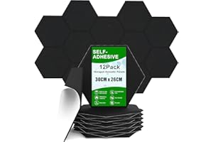 LATERN 12 Pièces Panneaux Acoustiques Autocollants, 30CM x 26CM Panneaux Insonorisés Hexagonaux Panneaux D'absorption Acoustique Haute Densité pour Bureaux Domicile Studios D'enregistrement (Noirs)