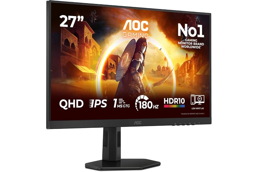 AOC Gaming Q27G4XF - Monitor QHD de 27 Pulgadas, 180 Hz, Plano, 0,5 ms, FreeSync Prem., Comp. G-Sync, HDR10, Ajustable (IPS, 