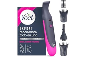Veet Recortadora Todo en Uno, Bikini y Cuerpo Completo, Cara y Cejas, Rasuradora Mujer Zona Íntima Resistente al Agua, Con 2 Cabezales y 4 Peines para precisión, con Cargador USB