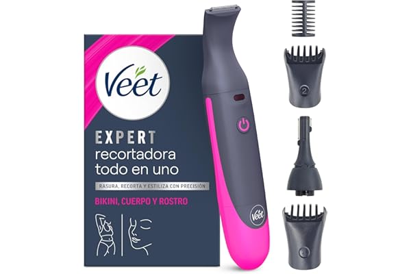 Veet Recortadora Todo en Uno, Bikini y Cuerpo Completo, Cara y Cejas, Rasuradora Mujer Zona Íntima Resistente al Agua, Con 2 Cabezales y 4 Peines para precisión, con Cargador USB