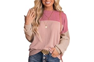 DUOEASE Jersey Mujer Cuello Redondo Oversize Textura Bloque de Color Camiseta Manga Larga Otoño