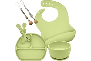 SILICOMAN Vajilla Bebe Silicona Set Bebe 7 pcs - Plato Bebe Ventosa + 2 Cucharas Aprendizaje + 2 Chupetero Silicona + Cuenco + Babero Silicona - Libre BPA, BLW, Ventosas Extrafuertes (Verde)